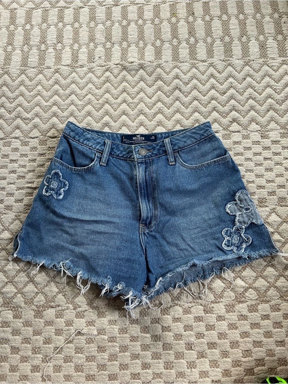 Hollister Denim Shorts with Frayed Hem and Floral Patches